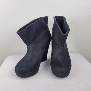 Kelsi Dagger Wilma Black Vegan Suede Fold over Wedge Booties Women's 6